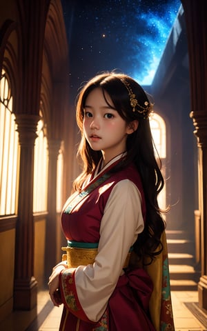 masterpiece, best quality, super wide angle, best fingers, facing viewer, full frontal, magnificent, celestial, ethereal, painterly, epic, majestic, magical, fantasy art, cover art, dreamy, elegant, cinematic, background illuminated, rich deep colors, ambient dramatic atmosphere, creative, perfect, beautiful composition, intricate, detailed 1girl, ,Hanbok