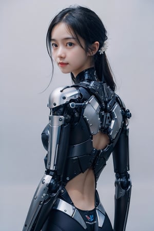 1girl,moyou,upper body,(mechanical body:1.2),robotic arm,solid background,