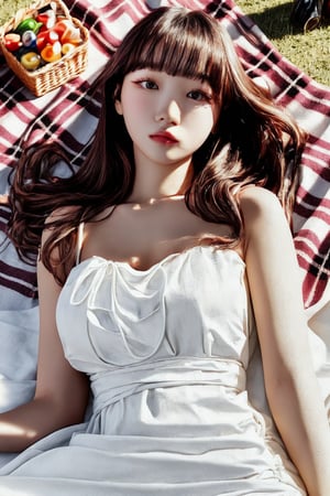Chaewon, best quality,masterpiece,detailed,16k,beautiful detailed face,beautiful detailed eyes,8k,female_solo,prefect body, prefect face, upper body shot, (long flowing hair),(laying on a picnic blanket:1.2),(wearing a white dress:1.2), (perfect medium breasts) , chaewonlorashy 