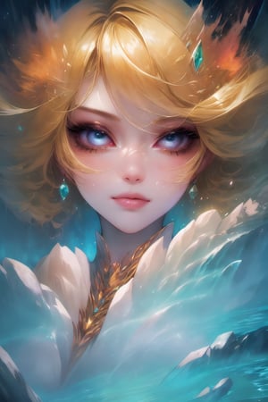 In a magical underground realm, a (((closeup beautyful girl))) stands before the entrancing Cave of Wonders, surrounded by towering gemstones and the soothing sounds of cascading waterfalls. This scene is a testament to nature's grandeur and the girl's inner beauty. blonde hair, K-Eyes