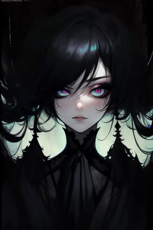 Minimalist painting, portrait of gothic girl, looking at viewer, sexy, slender body, black lace dress, tulle, full black lips, eye drawing, tuxedo eyes, long fluffy lashes, in the style of esao andrews, K-Eyes