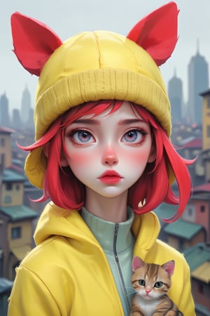 dystopian style, beautiful (a girl in a yellow lemon sports jacket and a knitted red hat with cat ears), against the background of the city, gloomy, post-apocalyptic, gloomy, dramatic, very detailed, K-Eyes, digital artwork by Beksinski, PastelPunk