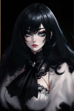 Minimalist painting, portrait of gothic girl, looking at viewer, sexy, slender body, black lace dress, tulle, full black lips, eye drawing, tuxedo eyes, long fluffy lashes, in the style of esao andrews, K-Eyes
