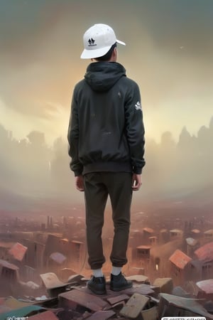 dystopian style, beautiful (A guy in a black adidas sports jacket and a white baseball cap), against the background of the city, gloomy, post-apocalyptic, gloomy, dramatic, very detailed, K-Eyes, digital artwork by Beksinski, PastelPunk,digital artwork by Beksinski
