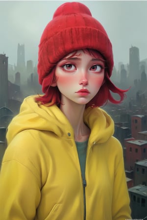 dystopian style, beautiful (a girl in a yellow lemon sports jacket and a knitted red hat with earflaps), against the background of the city, gloomy, post-apocalyptic, gloomy, dramatic, very detailed, K-Eyes, digital artwork by Beksinski, PastelPunk,digital artwork by Beksinski