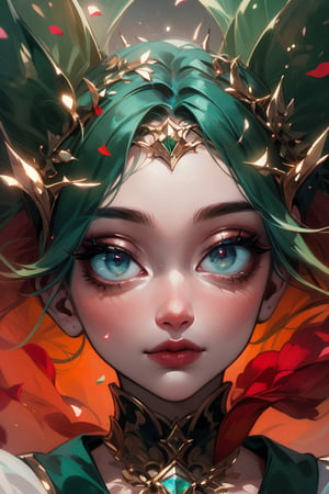 1 girl, portrait, close-up portrait, charming illustration depicting a delicate, airy young woman with a dark tan on her skin. A magical creature. Her outfit is the epitome of nature: the petals of scarlet roses form an intricate outfit that seems to embody the elements themselves. The iris of her large round eyes is the color of a green emerald stone with sparks and bubbles that create an inner radiance that attracts the viewer. These uniquely painted eyes have a large pupil and a mesmerizing iris, K-Eyes