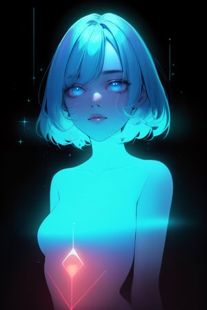 1girl minimalist hologram, long hair glowing, line glowing surrounds the body on a simple background, minimalist hologram, K-Eyes