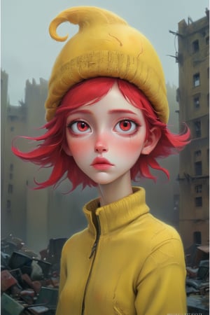 dystopian style, beautiful (a girl in a yellow lemon sports jacket and a knitted red eared hat), against the background of the city, gloomy, post-apocalyptic, gloomy, dramatic, very detailed, K-Eyes, digital artwork by Beksinski, PastelPunk,digital artwork by Beksinski