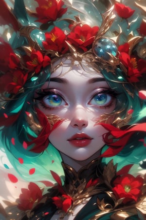 1 girl, portrait, close-up portrait, charming illustration depicting a delicate, airy young woman with a dark tan on her skin. A magical creature. Her outfit is the epitome of nature: the petals of scarlet roses form an intricate outfit that seems to embody the elements themselves. The iris of her large round eyes is the color of a green emerald stone with sparks and bubbles that create an inner radiance that attracts the viewer. These uniquely painted eyes have a large pupil and a mesmerizing iris, K-Eyes