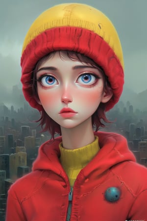 dystopian style, beautiful (a girl in a yellow lemon sports jacket and a knitted red hat with earflaps), against the background of the city, gloomy, post-apocalyptic, gloomy, dramatic, very detailed, K-Eyes, digital artwork by Beksinski, PastelPunk,digital artwork by Beksinski