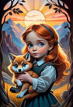 mail art ,animal spirit, wild, ritualistic, two parts in one art, double exposure, best quality, dark tales, close up baby girl 5 years old well-dressed ginger-haired girl holding detailed little fluffy  stuffed wolf in hands, big eyes, detailed face, mountains, sunset, Craola, Dan Mumford, Andy Kehoe, 2d, flat, cute, adorable, vintage, art on a cracked paper, fairytale, patchwork, stained glass, storybook detailed illustration, cinematic, ultra highly detailed, tiny details, beautiful details, mystical, luminism, vibrant colors, complex background,