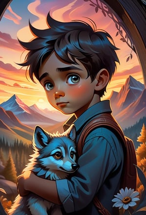 animal spirit, wild, ritualistic, two parts in one art, double exposure, best quality, dark tales, close up young boy well-dressed. boy holding detailed small little fluffy stuffed wolf in hands, big eyes, detailed face, mountains, sunset, Craola, Dan Mumford, Andy Kehoe, 2d, flat, cute, adorable, vintage, art on a cracked paper, fairytale, patchwork, stained glass, storybook detailed illustration, cinematic, ultra highly detailed, tiny details, beautiful details, mystical, luminism, vibrant colors, complex background,
