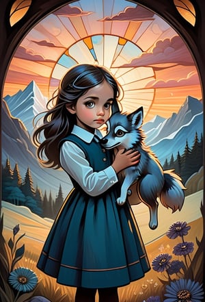 mail art, animal spirit, wild, ritualistic, two parts in one art, double exposure, best quality, dark tales, close up young girl well-dressed. girl holding detailed little fluffy stuffed wolf in hands, big eyes, detailed face, mountains, sunset, Craola, Dan Mumford, Andy Kehoe, 2d, flat, cute, adorable, vintage, art on a cracked paper, fairytale, patchwork, stained glass, storybook detailed illustration, cinematic, ultra highly detailed, tiny details, beautiful details, mystical, luminism, vibrant colors, complex background,