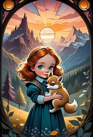mail art ,animal spirit, wild, ritualistic, two parts in one art, double exposure, best quality, dark tales, close up baby girl 5 years old well-dressed ginger-haired girl holding detailed little fluffy  stuffed wolf in hands, big eyes, detailed face, mountains, sunset, Craola, Dan Mumford, Andy Kehoe, 2d, flat, cute, adorable, vintage, art on a cracked paper, fairytale, patchwork, stained glass, storybook detailed illustration, cinematic, ultra highly detailed, tiny details, beautiful details, mystical, luminism, vibrant colors, complex background,