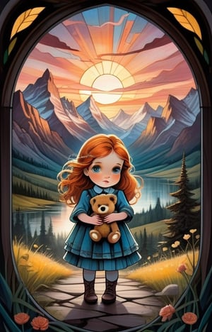 mail art ,animal spirit, wild, ritualistic, two parts in one art, double exposure, best quality, dark tales, close up baby girl 5 years old well-dressed ginger-haired girl holding detailed little fluffy teddy bear in hands, big eyes, detailed face, mountains, sunset, Craola, Dan Mumford, Andy Kehoe, 2d, flat, cute, adorable, vintage, art on a cracked paper, fairytale, patchwork, stained glass, storybook detailed illustration, cinematic, ultra highly detailed, tiny details, beautiful details, mystical, luminism, vibrant colors, complex background,