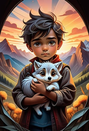 animal spirit, wild, ritualistic, two parts in one art, double exposure, best quality, dark tales, close up young boy well-dressed. boy cuddling very small little fluffy stuffed wolf in hands, big eyes, detailed face, mountains, sunset, Craola, Dan Mumford, Andy Kehoe, 2d, flat, cute, adorable, vintage, art on a cracked paper, fairytale, patchwork, stained glass, storybook detailed illustration, cinematic, ultra highly detailed, tiny details, beautiful details, mystical, luminism, vibrant colors, complex background,