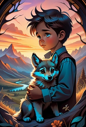 animal spirit, wild, ritualistic, two parts in one art, double exposure, best quality, dark tales, close up young boy well-dressed. boy cuddling very small little fluffy stuffed wolf in hands, big eyes, detailed face, mountains, sunset, Craola, Dan Mumford, Andy Kehoe, 2d, flat, cute, adorable, vintage, art on a cracked paper, fairytale, patchwork, stained glass, storybook detailed illustration, cinematic, ultra highly detailed, tiny details, beautiful details, mystical, luminism, vibrant colors, complex background,