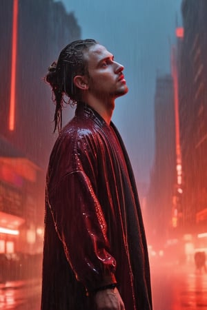(((Iconic futuristic-sci-fi but extremely beautiful)))
(((masterpiece, rich emotional,
hyperrealistic,extreme detailed)))
(((Chiaroscuro red colors background))) 
(((dynamic pose,looking at viewer, profile view,wide angle)))
(((neo Noir Influence, rain,outside)))
(((by Rembrandt style, by Gustav Klimt style)))
