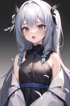 (extremely detailed CG), (best quality), 1girl, perfect face, shiny skin,eexpr, 
mouth_open,laugh,
hairstyle,feather hairstyle,black_feather