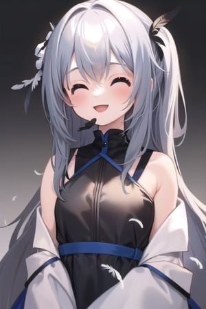 (extremely detailed CG), (best quality), 1girl, perfect face, shiny skin,eexpr, 
(mouth_open:1.2),smile,

hairstyle,feather hairstyle,black_feather,,chibi