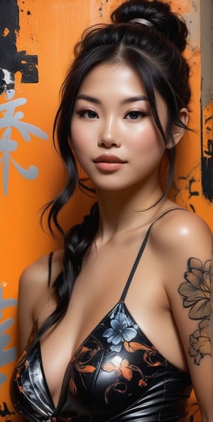 A cityscape's gritty urbanpunk meets whimsical flowerpunk in a stunning Asian woman's portrait. Against a black and orange gradient background, abstract wabi-sabi art swirls with punk collage textures. Random graffiti strokes dance across her face, juxtaposing kanji characters amidst surreal artwork. The subject's beautiful features embody Impermanence, as if Disney-Pixar style animation brought her to life within this vibrant, dreamlike scene.
