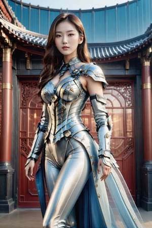 Here's the prompt:

A stunning 17-year-old Korean idol, standing tall and slender in a breathtakingly glamorous full-body armor set, gazing directly at the camera with an ethereal beautiful face. Her translucent skin texture and porcelain skin tone seem almost otherworldly, framed against a hyper-realistic background that rivals a Vogue magazine cover. The lighting is dramatic, with a shallow depth of field emphasizing the model's stunning features. Fuji Velvia film-like quality and intricate details are captured in 8K UHD resolution, making this image a true masterpiece.
