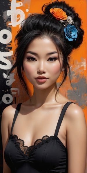 A cityscape's gritty urbanpunk meets whimsical flowerpunk in a stunning Asian woman's portrait. Against a black and orange gradient background, abstract wabi-sabi art swirls with punk collage textures. Random graffiti strokes dance across her face, juxtaposing kanji characters amidst surreal artwork. The subject's beautiful features embody Impermanence, as if Disney-Pixar style animation brought her to life within this vibrant, dreamlike scene.