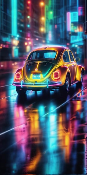 A canary yellow #fffd01 Volkswagen Beetle, with no lights attached to the body,  cruises down a rain-soaked Japanese city street in Osaka, at dusk, cyber, headlights casting a warm glow. and the cars Exact reflection on the wet road, as red, green, blue, and white neon lights attached to side of the towering skyscrapers also reflect off the dark and wet asphalt road,  , while the neon lights from shops along the road illuminate the street, nlgtstyle,cyber,NeonLG