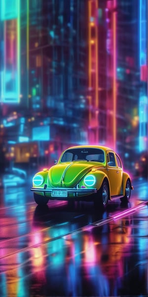 A canary yellow #fffd01 Volkswagen Beetle, with no lights attached to it,  cruises down a rain-soaked Japanese city street in Osaka, at dusk, cyber, headlights casting a warm glow. and the cars Exact reflection on the wet road, as red, green, blue, and white neon lights attached to side of the towering skyscrapers also reflect off the dark and wet asphalt road,  , while the neon lights from shops along the road illuminate the street, nlgtstyle,cyber,NeonLG