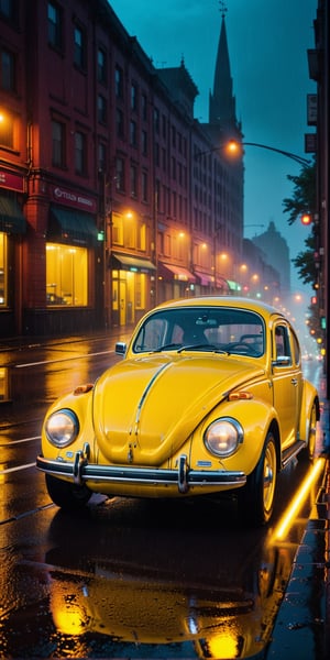 Vibrant yellow #fffd01 Volkswagen Beetle cruises down a rain-soaked city street at dusk, headlights casting a warm glow on the wet road as neon lights from towering buildings reflect off the dark asphalt. A traffic light changes colors in the corner, while the neon lights from shops along the road illuminate the street,nlgtstyle