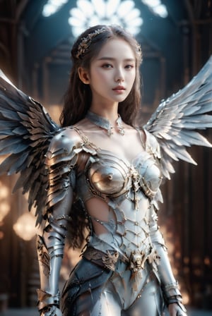 Here's the prompt:

A stunning 17-year-old Korean idol, standing tall and slender in a breathtakingly glamorous full-body armor set, gazing directly at the camera with an ethereal beautiful face. Her translucent skin texture and porcelain skin tone seem almost otherworldly, framed against a hyper-realistic background that rivals a Vogue magazine cover. The lighting is dramatic, with a shallow depth of field emphasizing the model's stunning features. Fuji Velvia film-like quality and intricate details are captured in 8K UHD resolution, making this image a true masterpiece.,Angel