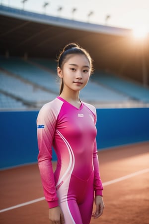 A serene summer evening at a European-style stadium. A beautiful teenage girl, her features blending European and Chinese heritage, stands proudly in the center of the frame. She wears a vibrant pink-blue gymnastic suit that catches the soft golden light of the setting sun. Her arms are relaxed by her sides, and she gazes directly into the camera with a gentle smile. The surrounding area is bathed in warm tones, with the stadium's architecture and lush greenery subtly visible in the background. The overall atmosphere exudes confidence, youthfulness, and a sense of freedom.