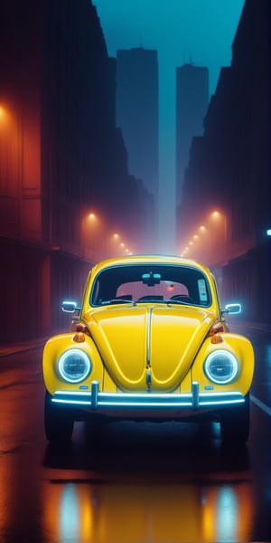 Vibrant yellow #fffd01 Volkswagen Beetle cruises down a rain-soaked Japanese city street at dusk, headlights casting a warm glow on the wet road, as red, green, blue, and white neon lights from the towering skyscrapers s reflect off the dark and wet asphalt. A traffic light changes colors in the corner, while the neon lights from shops along the road illuminate the street, nlgtstyle,cyber