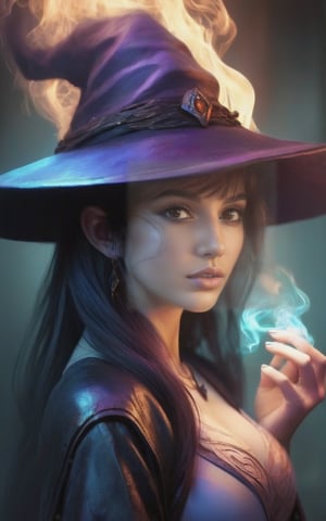 Fantasy art, creative environment made with magical lights, extremely detailed face, beautiful face, glowy smoke, a sorceress, anime style, cel-shaded, soft ink lined