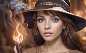 Fantasy art, creative environment made with magical lights, extremely detailed face, beautiful face, brown eyes, glowy smoke, a sorceress, anime style, cel-shaded, soft ink lined, upper body view, 