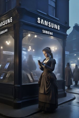 In a parallel world,
18th century victorian england,
Samsung store,
Selling mobile phones ,
Multiple shops,
Shop sign text "Samsung" ,
Busy street ,
Woman carrying a mobile device,
,booth,assassin,night city