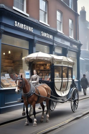 In a parallel world,
18th century victorian england,
Samsung store,
Selling mobile phones ,
Multiple shops,
Shop sign text "Samsung" ,
Busy street ,
((Horse and carriage)) ,
Woman carrying a mobile device,
,booth,,food 