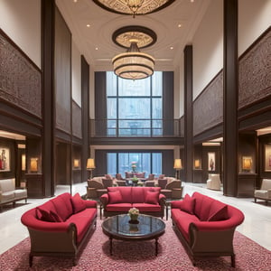 (best quality, masterpiece, high_resolution:1.5), a large wide lobby in 5star-hotel  with wonderful and luxury interior designing by Bill Bensley.,Wonder of Art and Beauty
