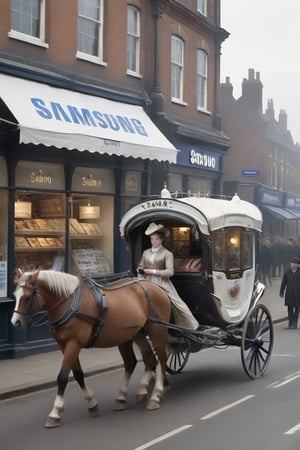 In a parallel world,
18th century victorian england,
Samsung store,
Selling mobile phones ,
Multiple shops,
Shop sign text "Samsung" ,
Busy street ,
((Horse and carriage)) ,
(Woman carrying a mobile device) ,
,booth,,food 