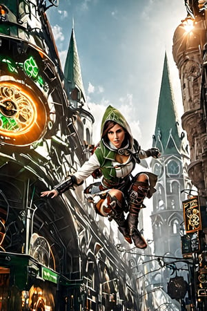  female assassin creed parkour flying between edges ,
1girl, 
Irish_clothes, 
Green white clothes,
Orange and white lines,
hoodie on head, 
Visible Cleavage, 
Big ass ,
Large hips,
Hourglass figure, 
Background city's ver o peso ,
Cloverleaf neon sign, 
high_resolution, 
high detail, 
perfect body, 
side view,steampunk style,Movie Still,Film Still,Cinematic,steampunk,HZ Steampunk,more detail XL,veropeso