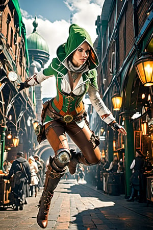 (+18) , 
Sexy female assassin creed parkour flying between edges ,
1girl, 
Irish_clothes, 
Green white clothes,
Orange and white lines,
hoodie on head, 
Visible Cleavage, 
Big ass ,
Large hips,
Hourglass figure, 
Background irish city's fish market,
Cloverleaf neon sign, 
high_resolution, 
high detail, 
perfect body, 
side view,steampunk style,Movie Still,Film Still,Cinematic,steampunk,HZ Steampunk,more detail XL