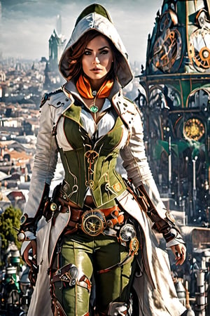  female assassin creed between edges ,
1girl, 
Irish_clothes, 
Green white clothes,
Orange and white lines,
hoodie on head, 
Visible Cleavage, 
Big ass ,
Large hips,
Hourglass figure, 
Background city's ver o peso ,
Cloverleaf neon sign, 
high_resolution, 
high detail, 
perfect body, 
side view,steampunk style,Movie Still,Film Still,Cinematic,steampunk,HZ Steampunk,more detail XL,veropeso
