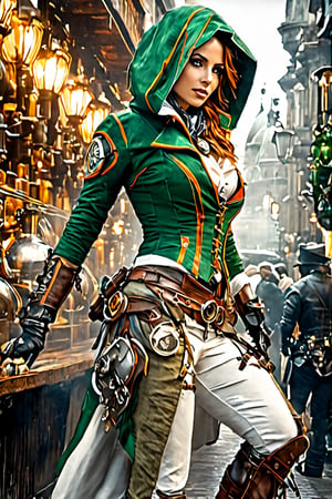 (+18) , 
Sexy female assassin creed parkour flying between edges ,
1girl, 
Irish_clothes, 
Green white clothes,
Orange and white lines,
hoodie on head, 
Visible Cleavage, 
Big ass ,
Large hips,
Hourglass figure, 
Background irish city's fish market,
Cloverleaf neon sign, 
high_resolution, 
high detail, 
perfect body, 
side view,steampunk style,Movie Still,Film Still,Cinematic,steampunk,HZ Steampunk