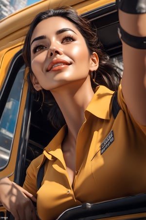 (+18) , nsfw, 

A sexy female taxi driver near a bus station ,

ultra detailed face, 
symmetrical eyes, 
soft face, 
Long Cleavage, 
Clean armpits, 
tired and happy,

((view from below, looking upwards))), Insanely detailed portrait of a 
Intricate Photography, 
A Masterpiece, 
8k Resolution Artstation, 
Unreal Engine 5, 
Cgsociety, 
Octane Photograph, sharp focus ,
,