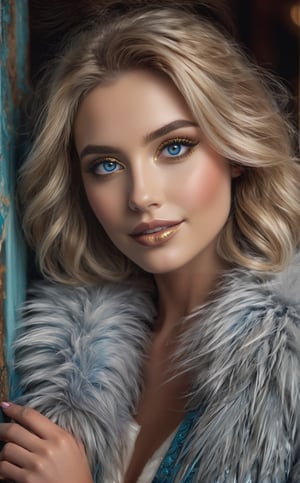 ((extremely realistic photo)), (professional photo), The image feature a beautiful blonde woman with blue eyes, delicate smile and smoky eye makeup, dressed in a white fur coat, in perfect closeup, ((ultra sharp focus)), (realistic textures and skin:1.1), aesthetic. masterpiece, pure perfection, high definition ((best quality, masterpiece, detailed)), ultra high resolution, hdr, art, high detail, add more detail, (extreme and intricate details), ((raw photo, 64k:1.37)), ((sharp focus:1.2)), (muted colors, dim colors, soothing tones ), siena natural ratio, ((more detail xl)),more detail XL,detailmaster2,Enhanced All, masterpiece, art, 1girl,photo r3al,neon photography style,latex,latex catsuit,shiny sissy luxury latex dress for doll,wearing a latexskirt, microskirt,skin_tight