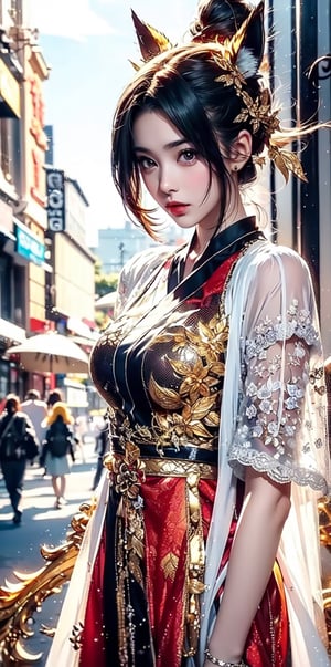 Onmyoji , Kyuubi , chiffon clothes , fox tail , street , sunlight ,gold and lace entanglement, crystal and silver entanglement
