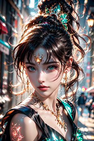 (Sailor Moon , Kyuubi ), chiffon costume,red hair,hair beads ,hair ribbon, long_ponytail , street , sunlight ,green and pink entanglement, crystal and silver entanglement .masterpiece, beautiful and aesthetic, 8K, HDR, high contrast,raw photo, best quality, realistic, photo-Realistic, best quality, masterpiece, high contrast, vibrant color, muted colors, cinematic lighting, ambient lighting, sidelighting, Exquisite details and textures,ultra realistic illustration,glowing forehead