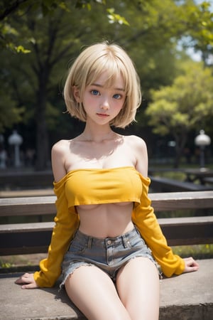 (((sitting in the park))), natural light, (chinese architecture), 
masterpiece, 8k, upper-body_portrait, 1 girl, cute, detailed face, beautiful detailed eyes, happy, strong eyebrows, (blush), (embarrassed),
髮：(extrmly short hair), bangs, ((blonde hair:1.2)), 
體： (((dainty body))), (((petite body:1.4))), (((saggy boobs))), (cleavage), 
服：(((bare neck))), (crop top), (mustard clothes), (miniskirt), sleeves past wrists, strapless_clothes, loose clothes