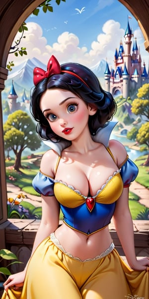 Craft a high-detailed image featuring Snow White, (cleavage cutout, belly button), the iconic Disney character. Envision her with intricate details, beautiful features, and set against a perfect backdrop. Request a photo-realistic masterpiece in 32k ultra HDR resolution, capturing the charm and magic of this beloved Disney princess.