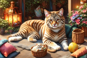 (best quality,ultra-detailed,cute animals,vivid colors,soft lighting,digital illustration,fluffy fur,playful expressions,adorable poses,dreamy atmosphere,colorful surroundings), (art by Makoto :1.5), digital art, child, cute cat, 16K, cool wallpaper, things, jasmine, pillows, clutter, toy, basket, wood, pot, can copper, garden yard, circle face, smile, sharp focus, HDR,Cosplay,onitsuka_natsumi_lovelivesuperstar,Add more details